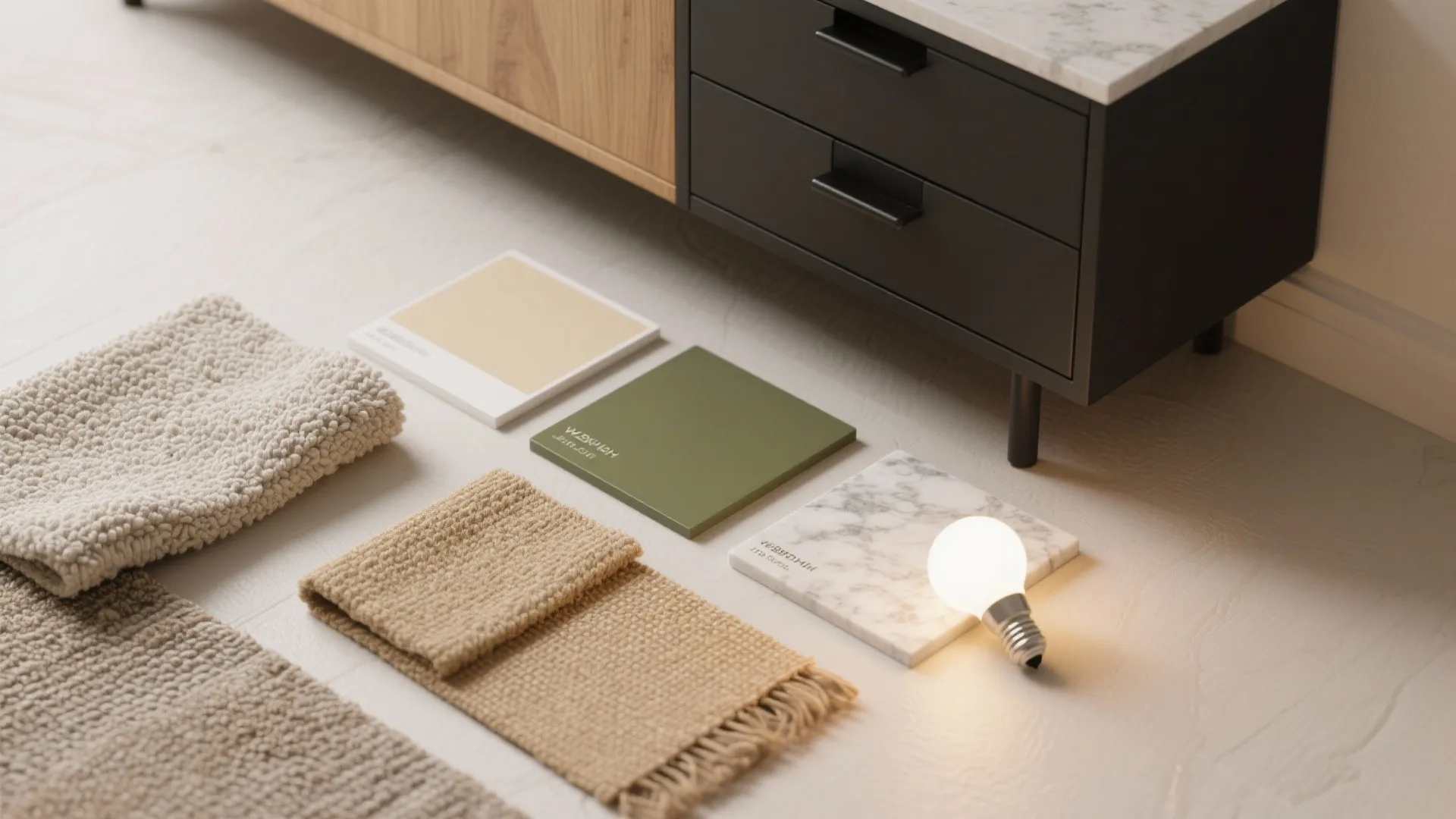 Interior design material samples including green and beige tiles marble stone fabric and a light bulb
