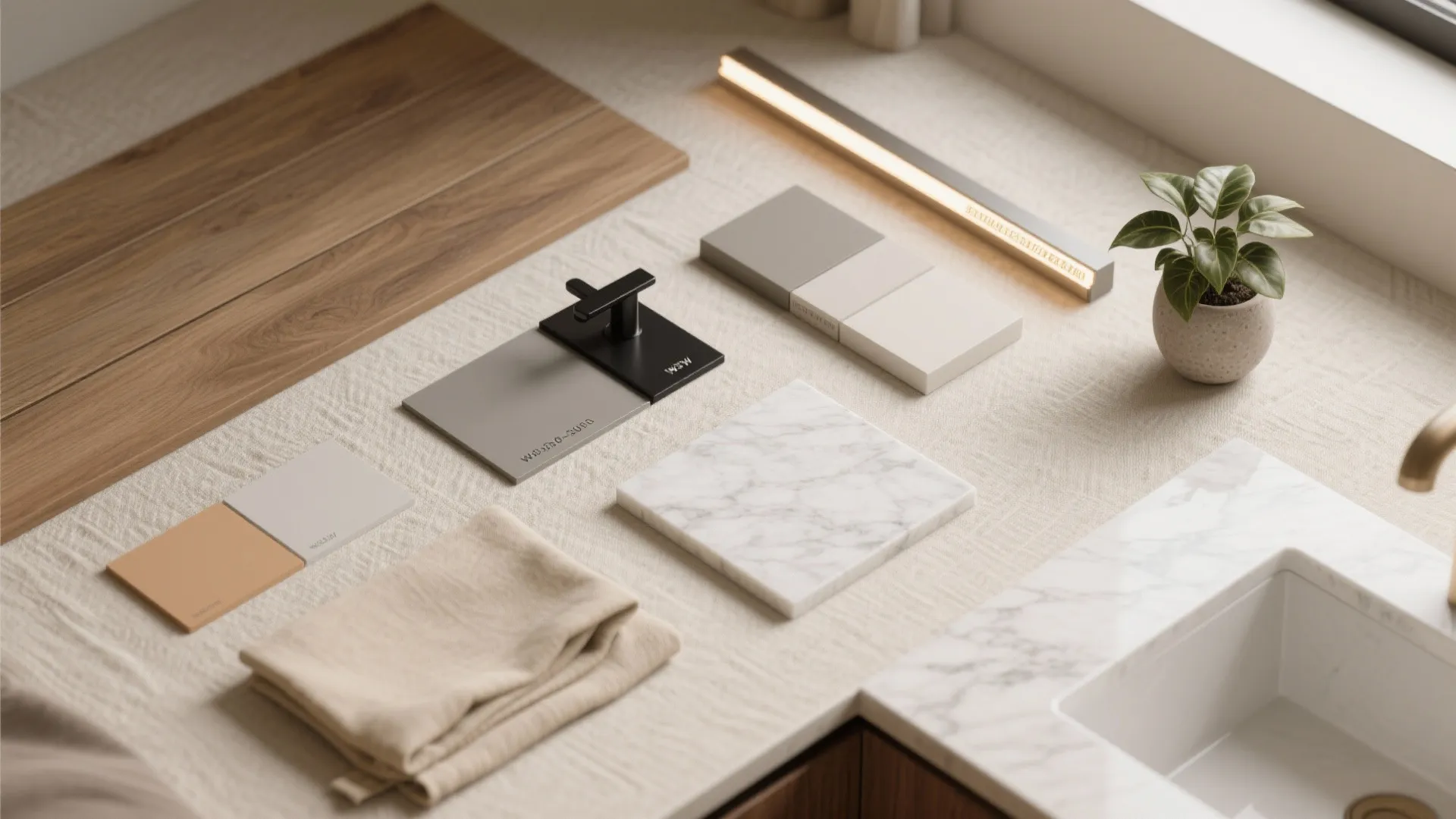 Warm minimal palette: wood, soft neutrals, and layered light