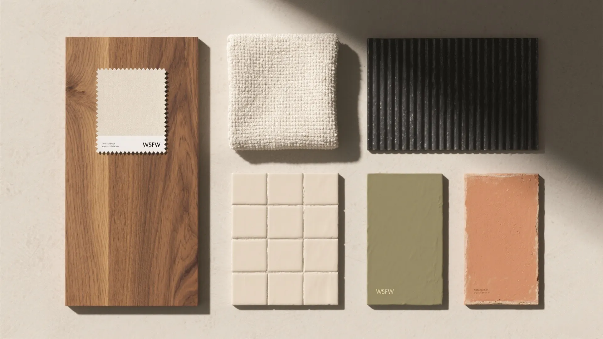 Interior design material board with wood, cream tiles, green color palette, and textured fabric samples