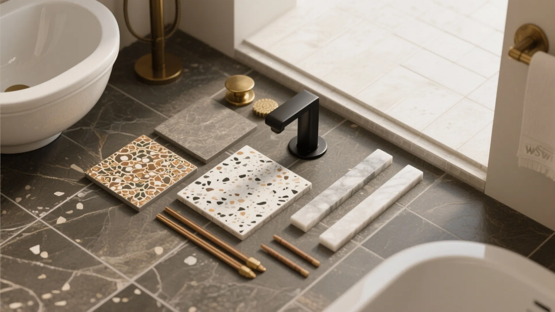 Material palette: warm stone, brass accents, and easy-care finishes