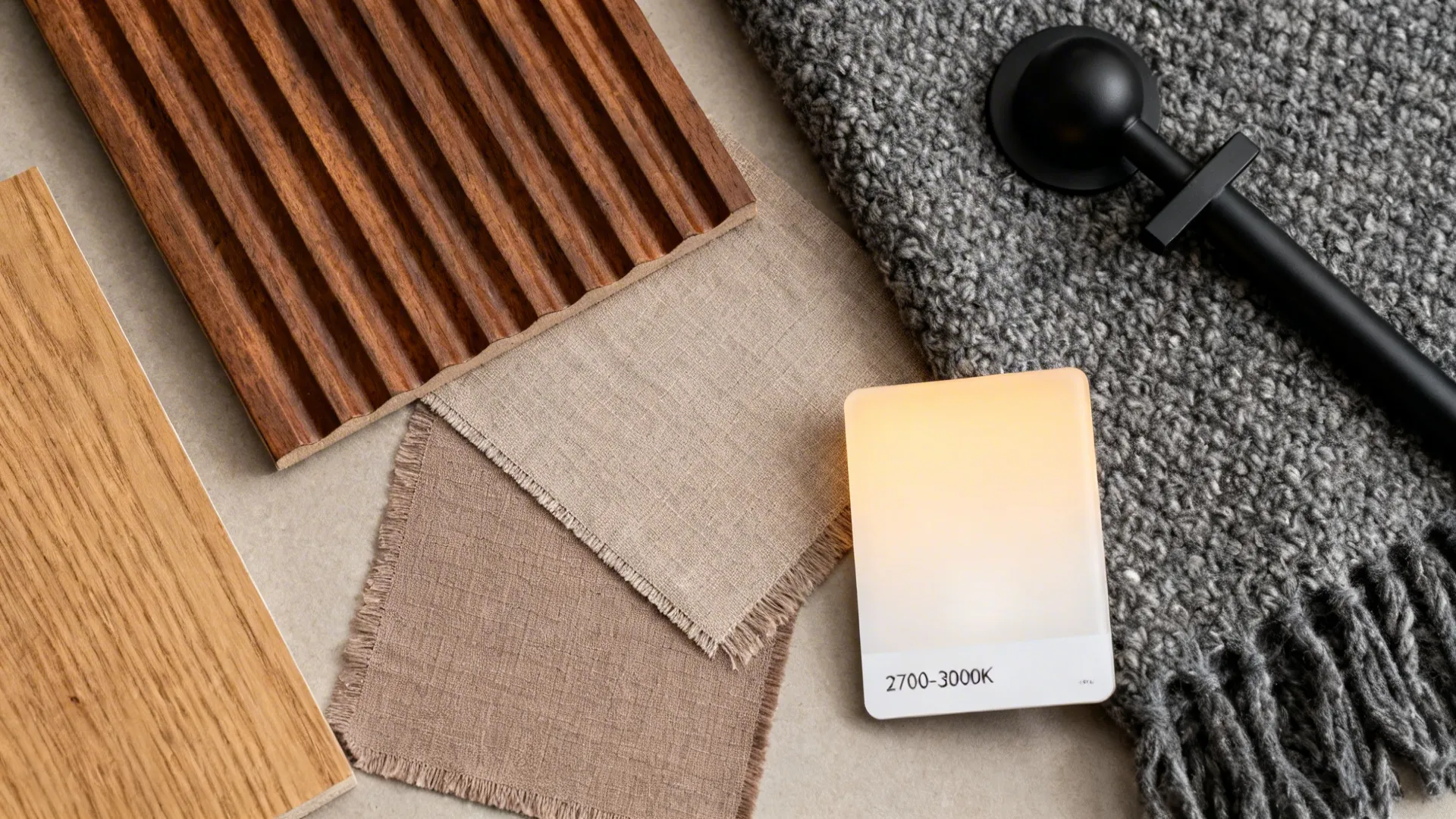 Flat lay of walnut, oak, taupe linen, bouclé, and matte black accents.