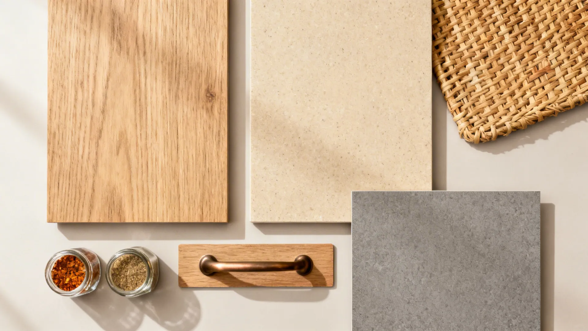 Flat lay of walnut laminate, matte quartz, warm gray laminate, bronze hardware, and wicker.