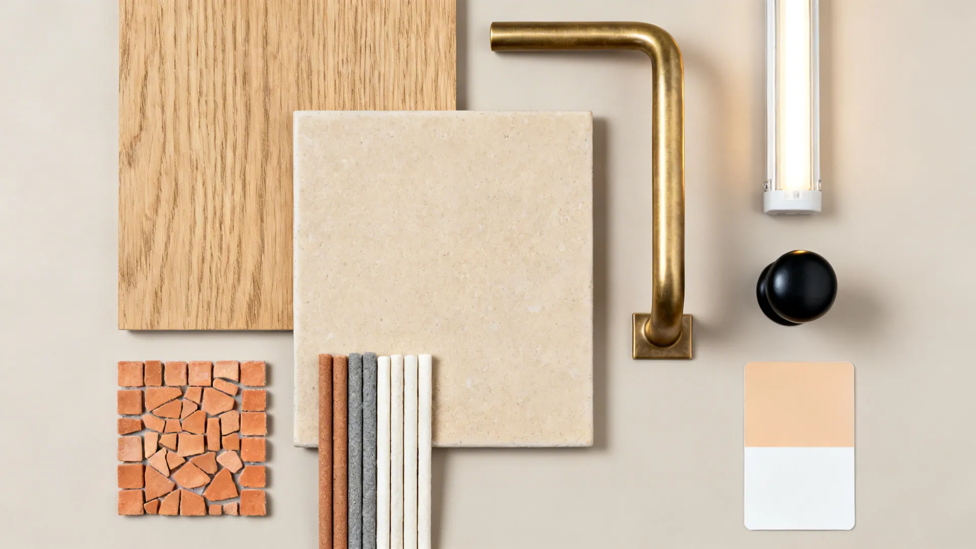 Flat lay of oak wood, beige and terracotta tiles, warm grout, and hardware for a cozy kitchen palette.