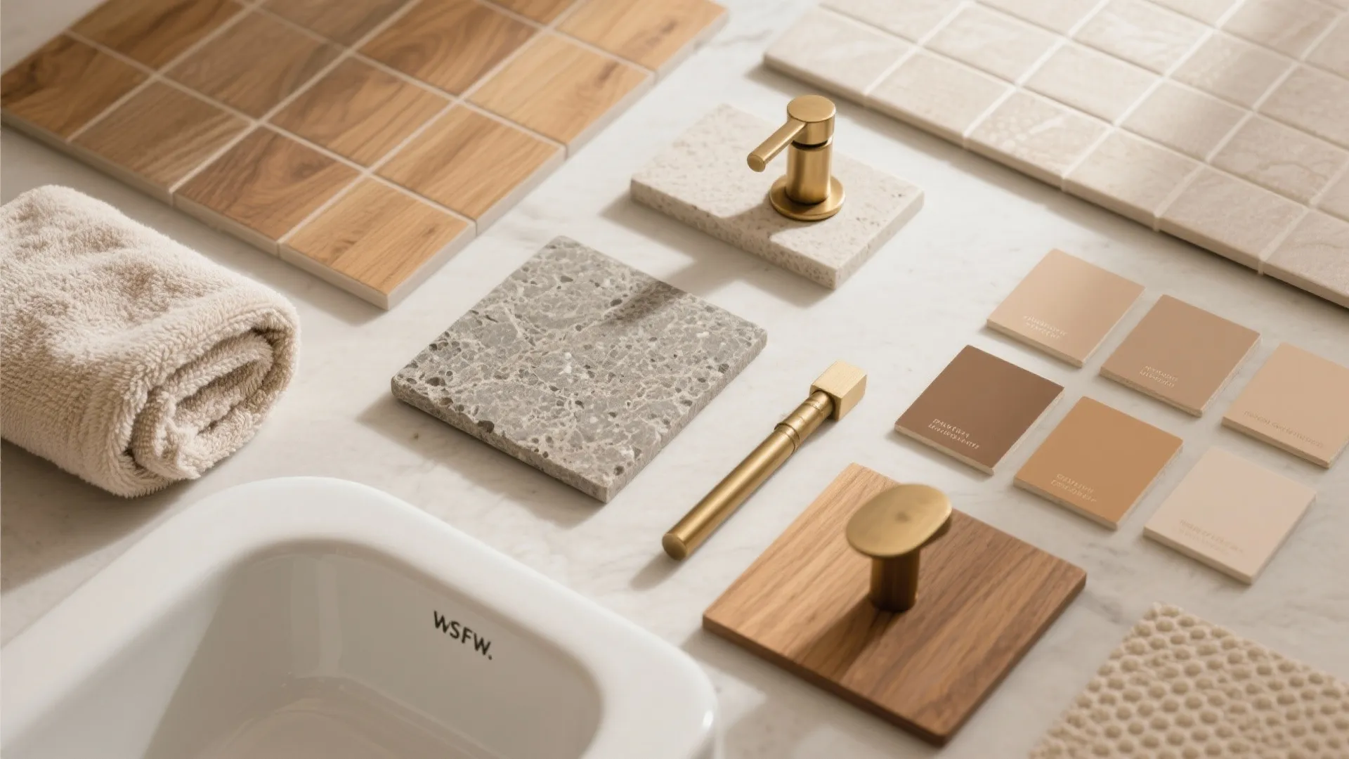Flatlay of wood-look porcelain, honed stone, oak veneer, and brushed brass for a cozy spa bath.