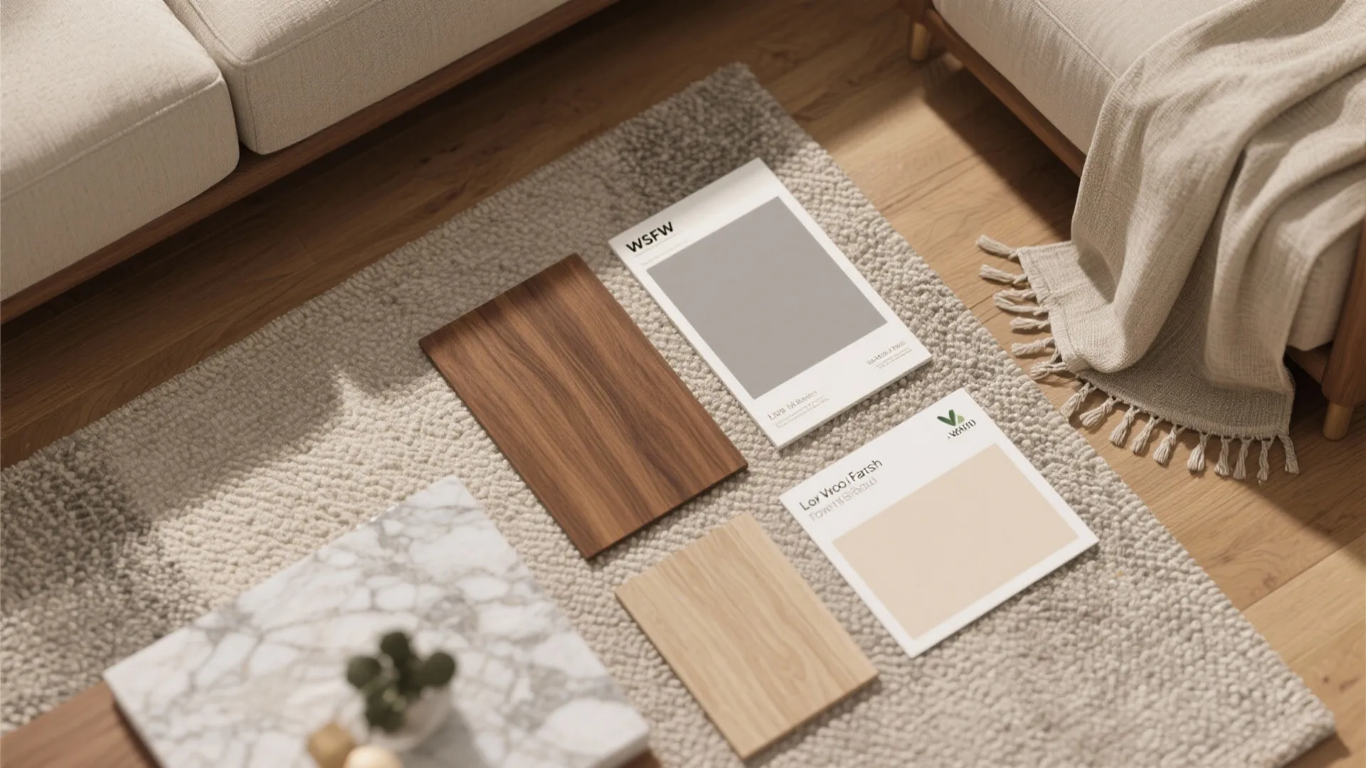 Warm material palette: wood, fabric, and soft contrasts