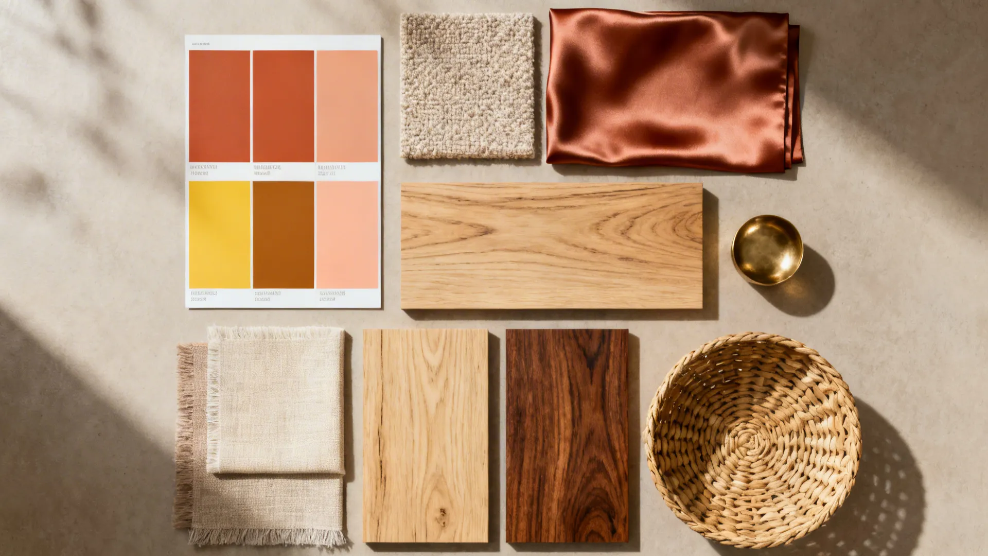 Flatlay of paint swatches, fabric samples and wood veneers for warm colour schemes