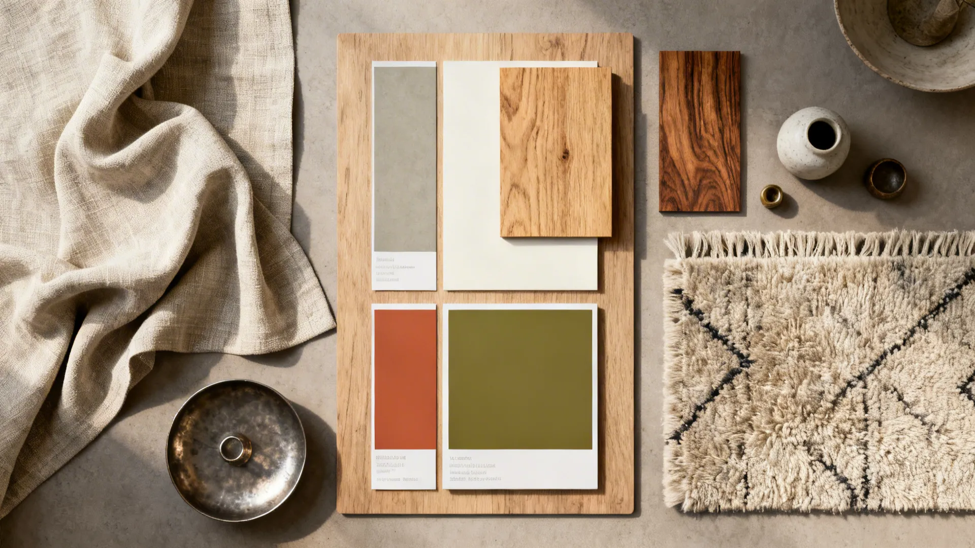 Flatlay of muted warm color swatches and material samples for a modern-rustic living room
