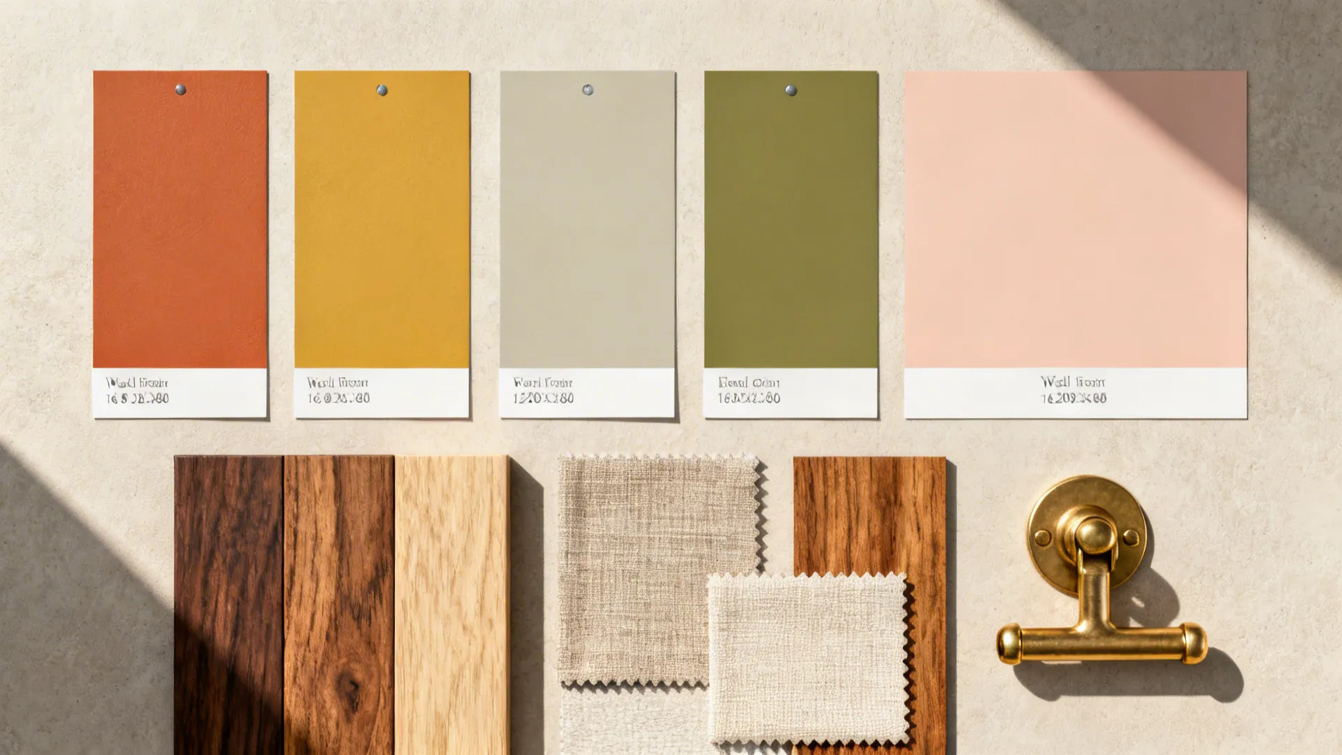 Flatlay of paint chips, fabric swatches and wood samples for warm living room palettes