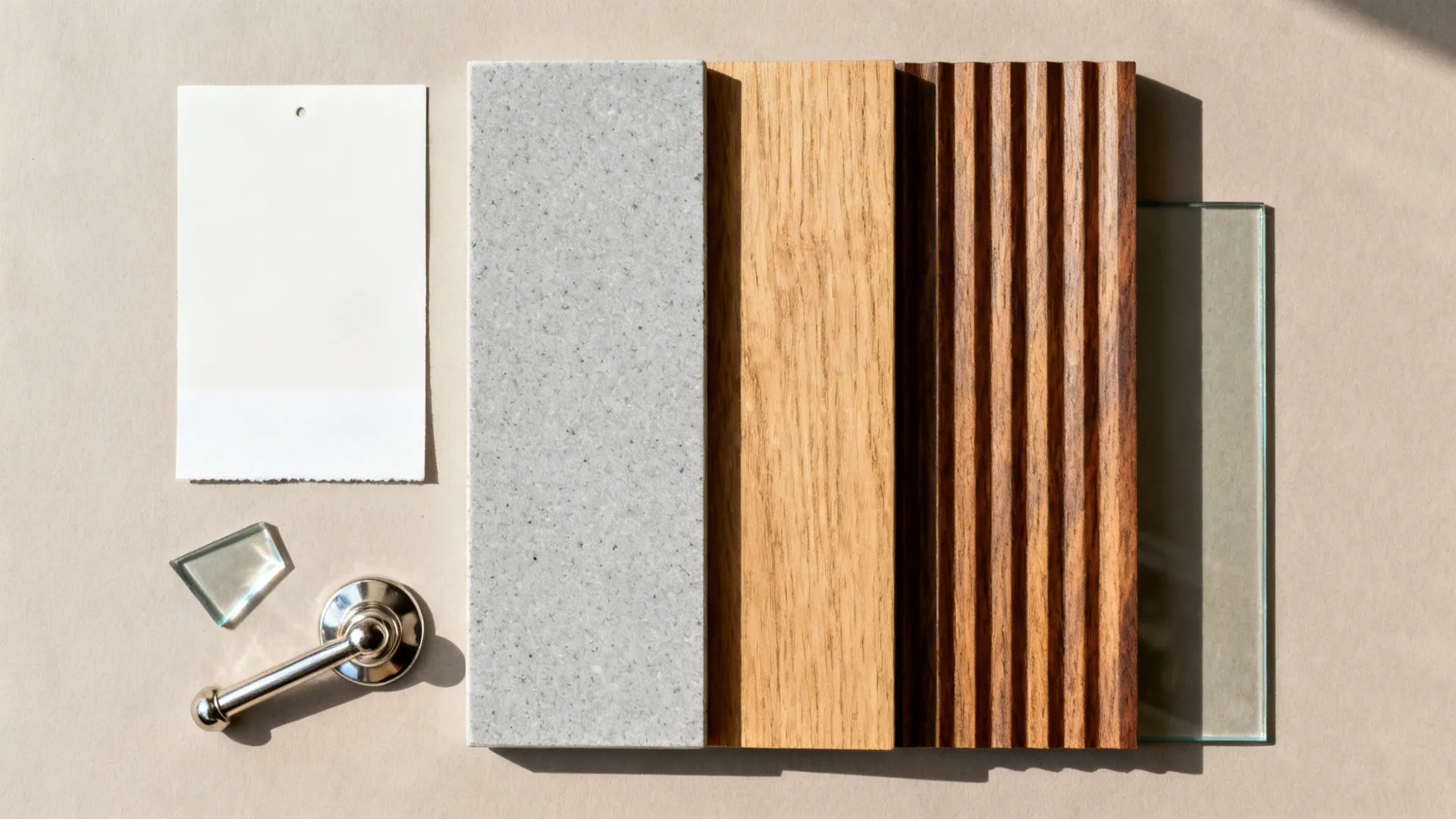 Flatlay of warm white, soft gray quartz, oak and walnut veneers, and brushed nickel hardware.
