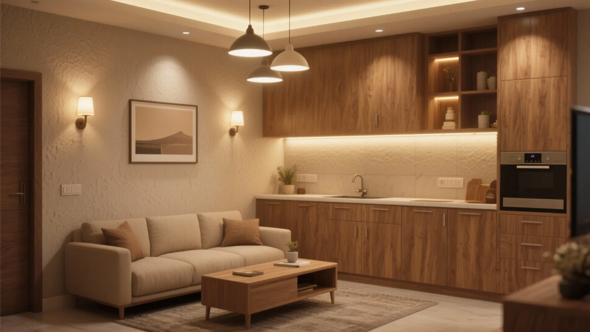 Warm material palette and accent lighting