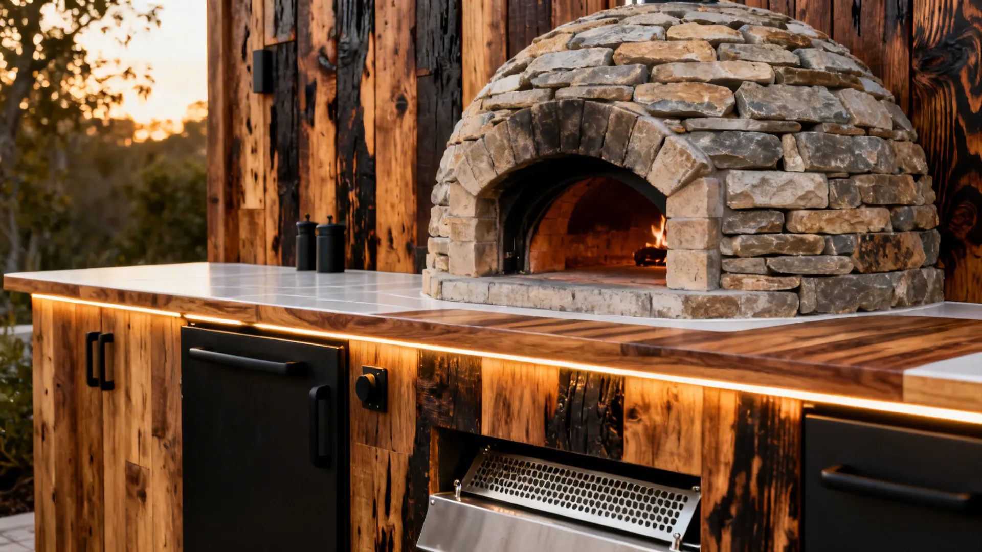 Stone pizza oven on wooden outdoor kitchen counter with warm lights and dark storage cabinets
