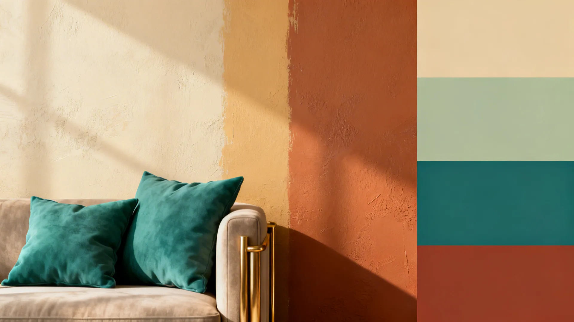 Warm neutral and jewel-toned color swatches with a terracotta wall vignette