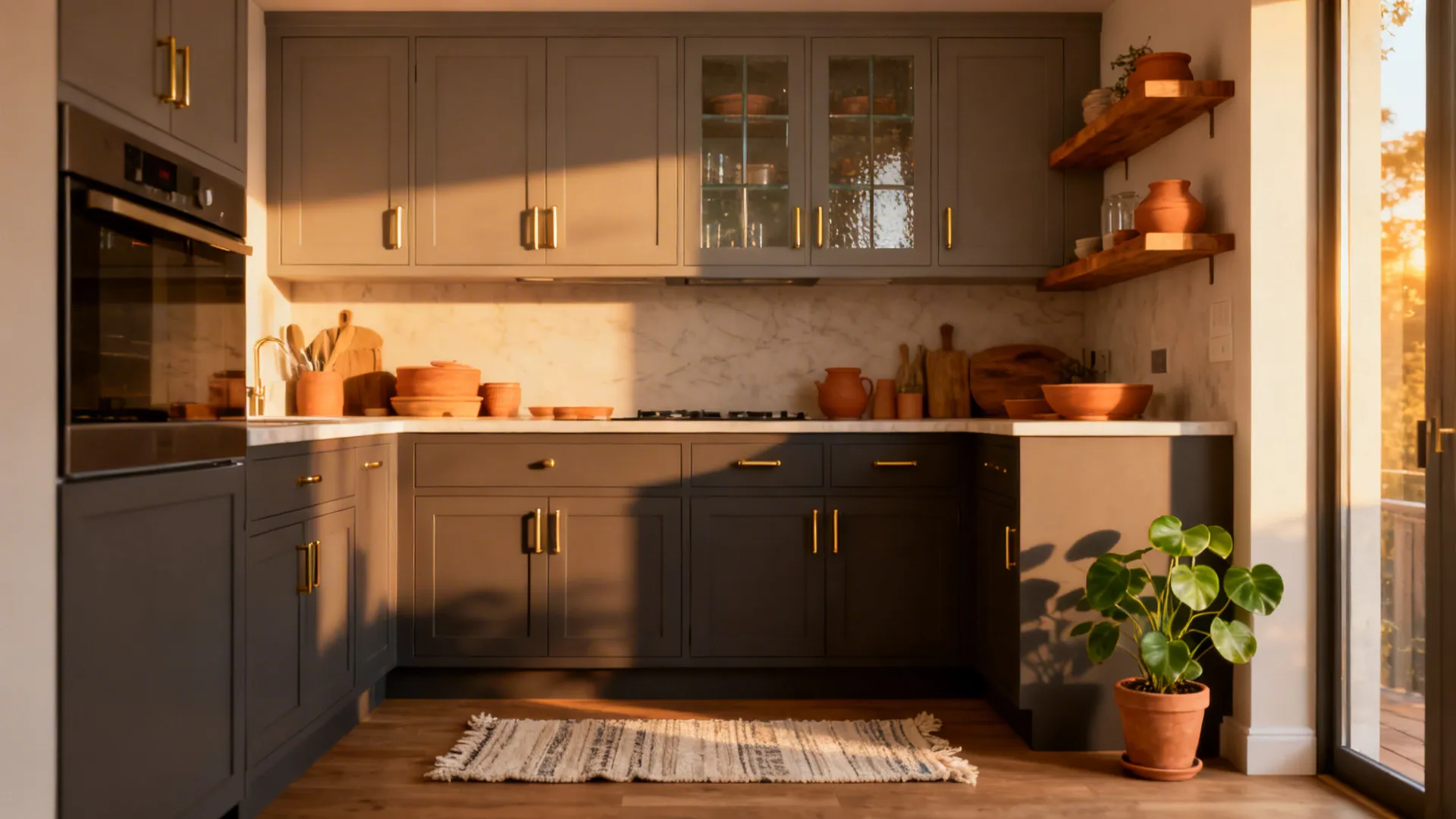West-facing kitchen with warm gray cabinets, oak accents, terra-cotta decor, and satin glass in soft golden light.