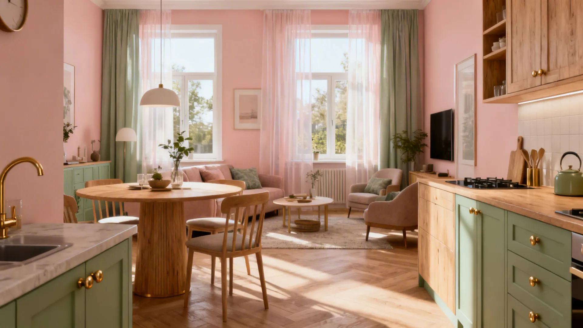 Pastel pink living room and green kitchen with wooden dining table chairs and bright windows