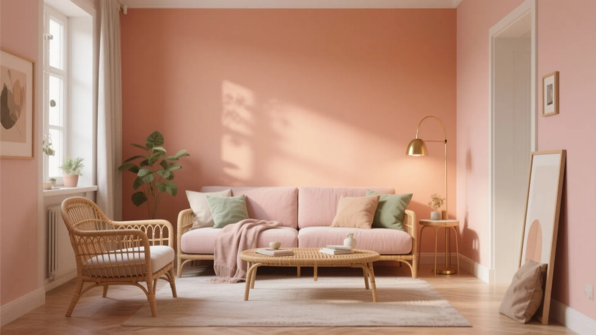 Peach living room featuring pink sofa, wicker chair, coffee table, gold floor lamp, and plant
