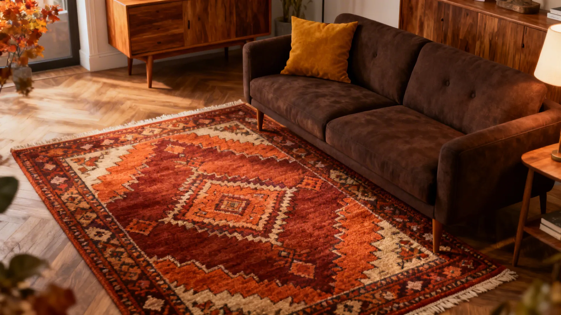 Living room with a brown sofa and a rust-toned patterned rug tying wood furniture together