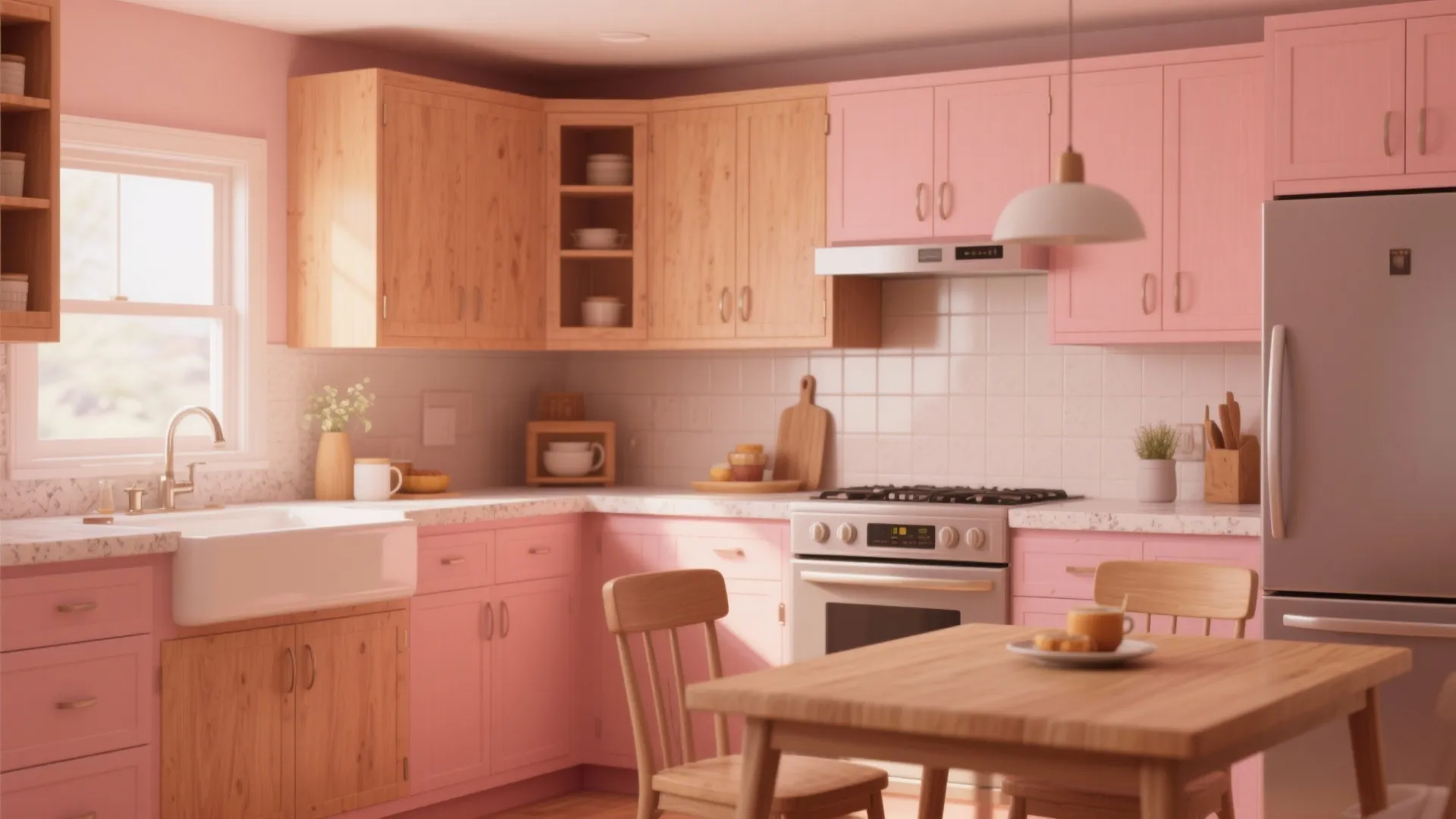 Modern kitchen featuring pink cabinets and wood units with a matching small dining table set