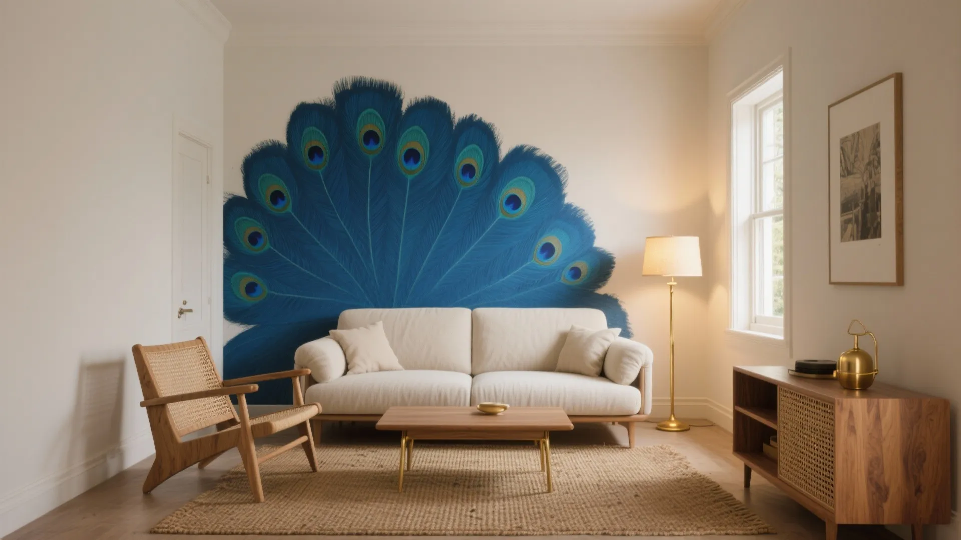 Living room with white sofa, blue peacock feather wall art, wooden coffee table, and chair