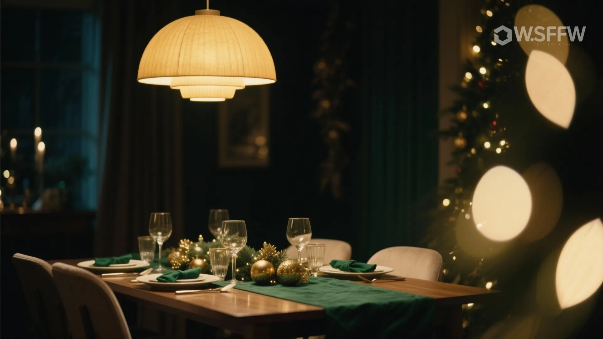 Dining table set for Christmas with green runner gold ornaments and warm hanging ceiling light