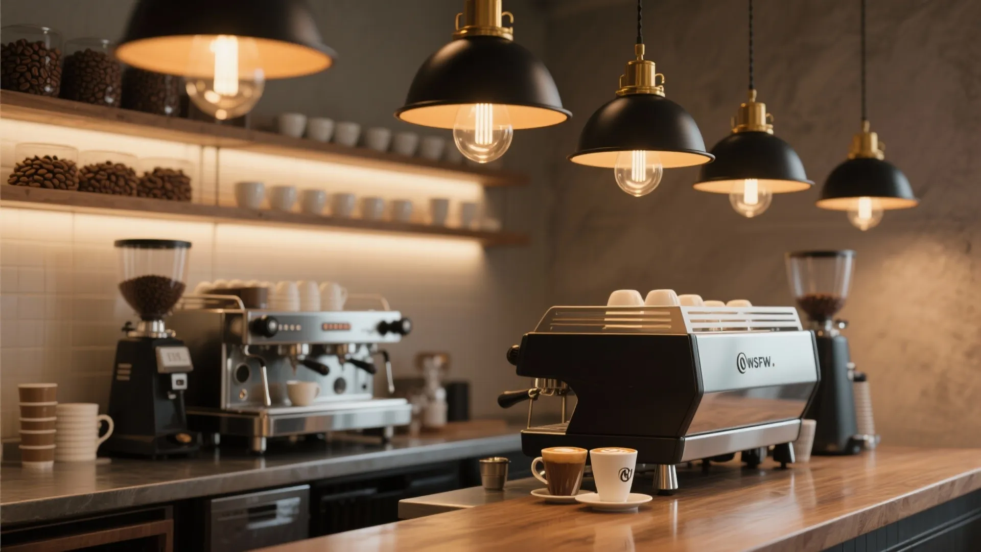 Close-up of warm layered pendants above a café bar with soft shelf backlighting and high-CRI latte art.