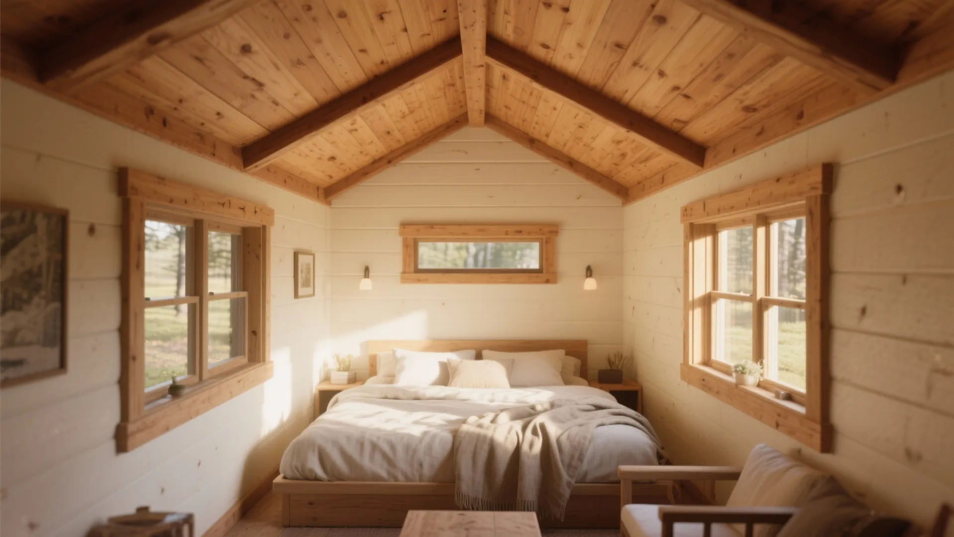 Cozy cabin bedroom with wooden ceiling and walls plus white bedding and large bright windows