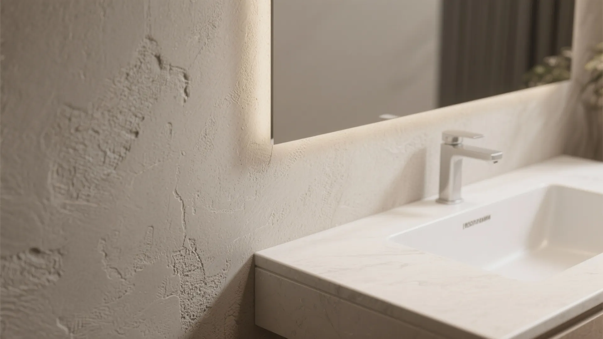 4. Warm gray plaster finish and a matte white vanity for texture