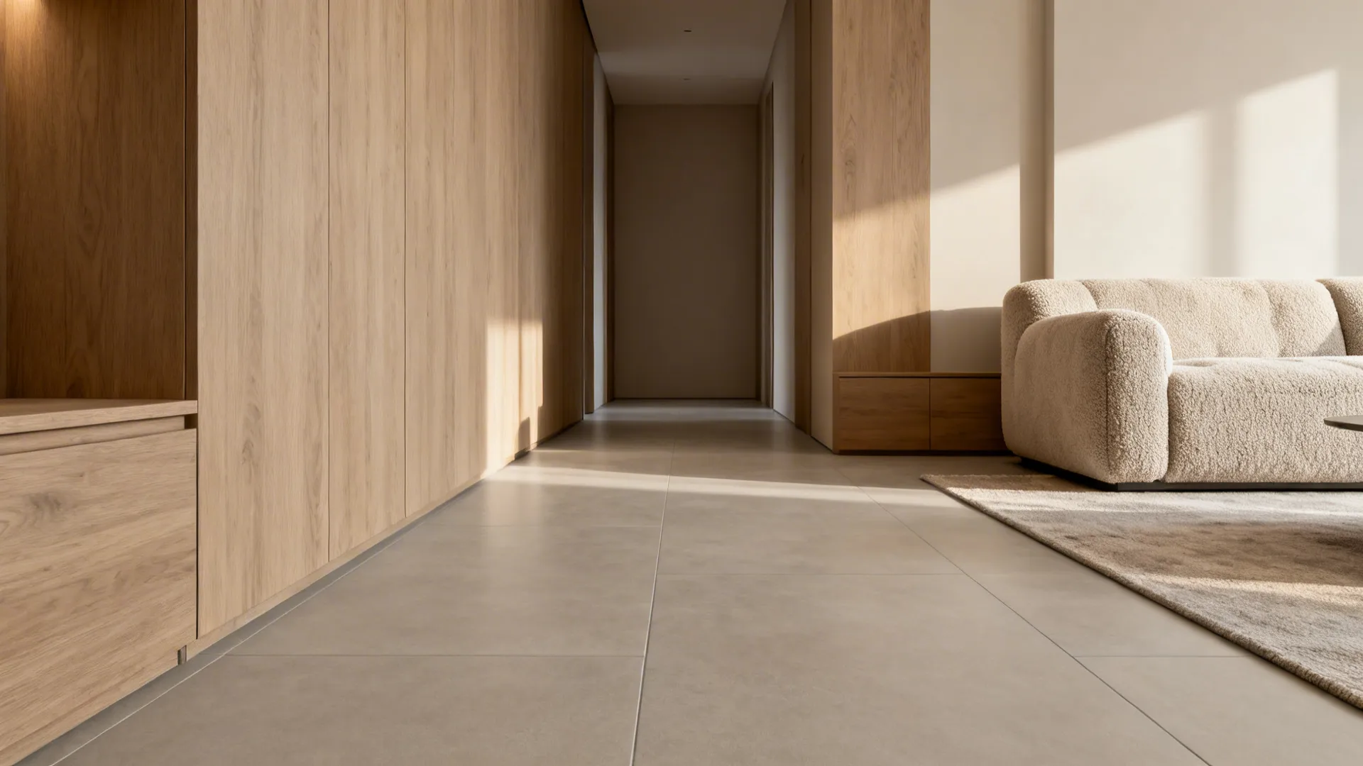 Warm greige large-format porcelain tiles create a seamless, expansive look in a small living room.