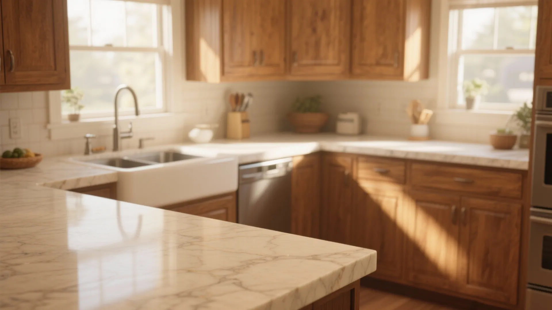 Modern kitchen with light marble countertops wood cabinets white sink and bright sunlight from windows