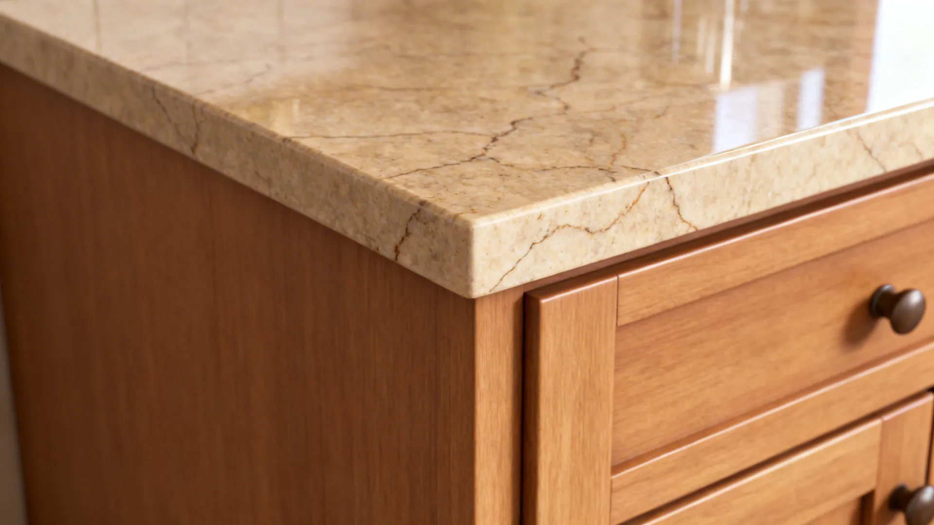 Warm-toned quartz countertop close-up beside mid-tone oak cabinets showing consistent veining.