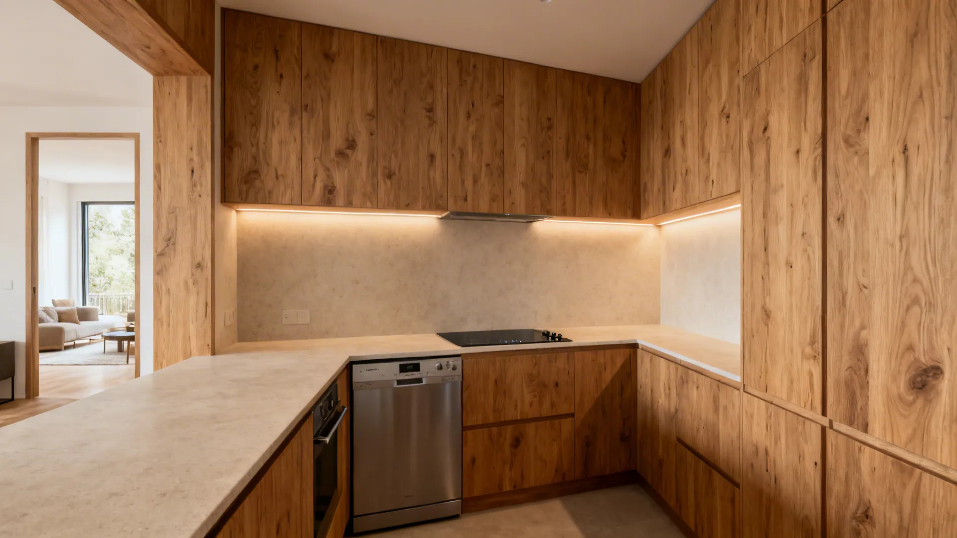 Warm U-shaped kitchen with rift-cut oak, honed quartz, induction, and a quiet dishwasher.
