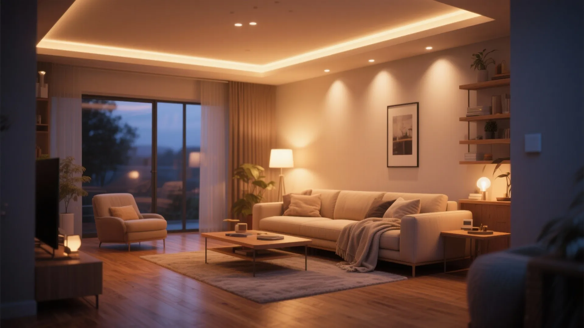 Cozy living room with warm color temperature recessed lighting