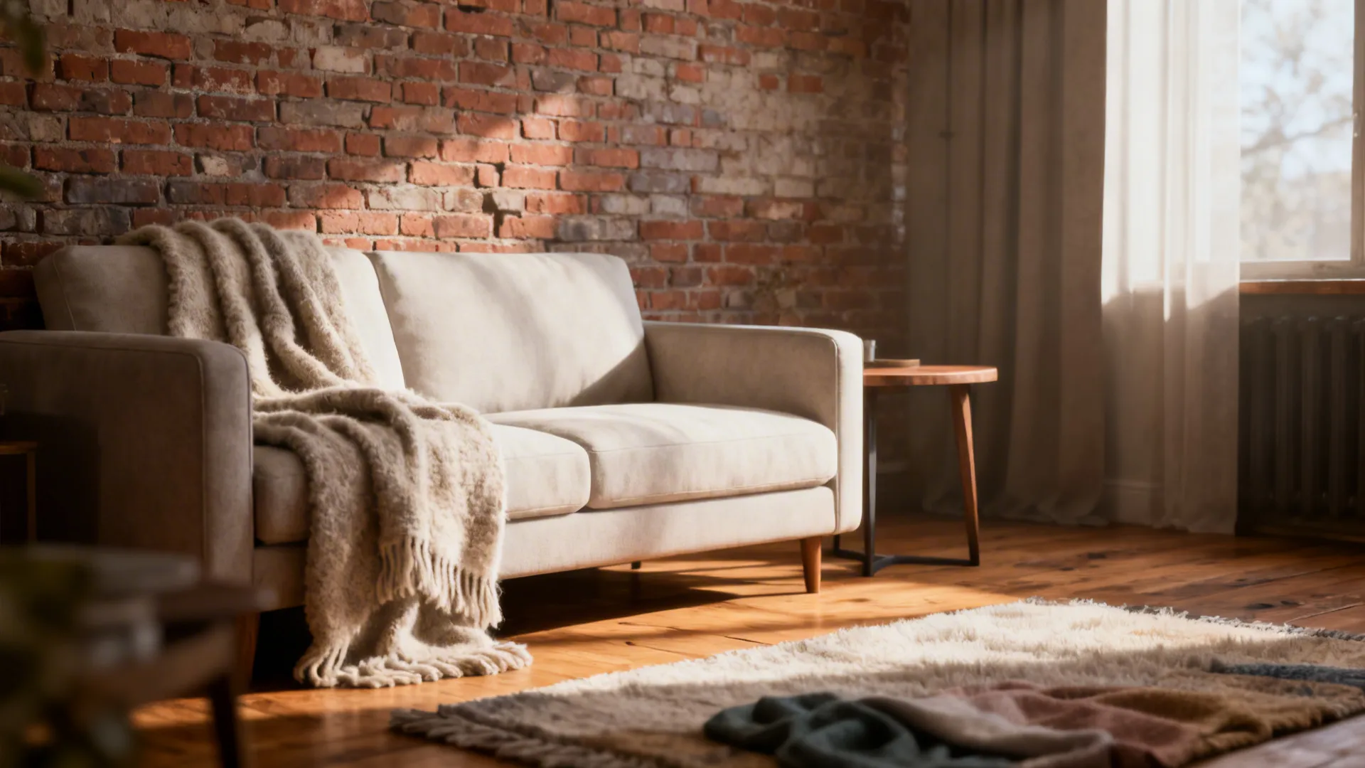 Warm rustic small living room with exposed brick wall, neutral sofa and layered textiles.