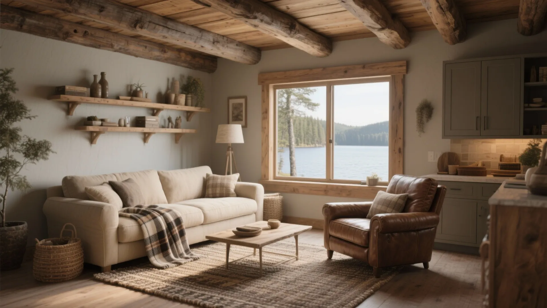 Rustic living room with exposed ceiling beams, beige sofa, leather armchair, and wooden coffee table