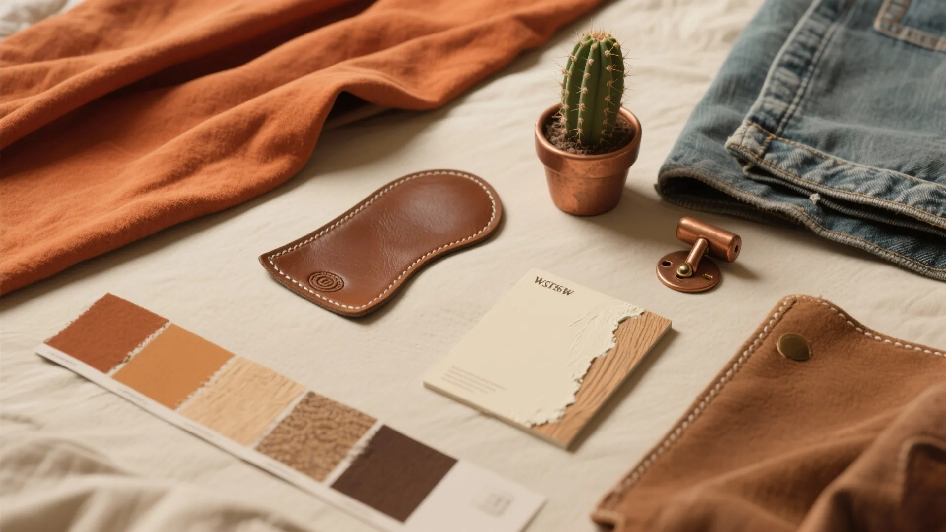Flatlay of terracotta, saddle brown, muted denim, and cream fabric and material swatches for a cowgirl bedroom.