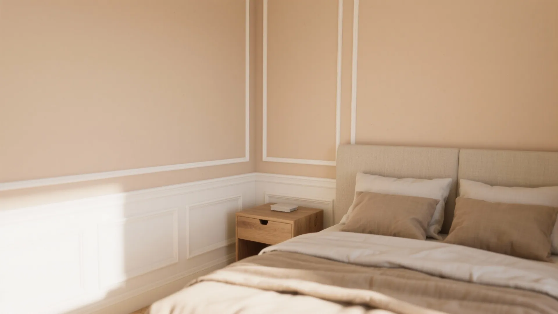 Bedroom corner with beige wall panels, wooden nightstand, and bed with white and brown pillows