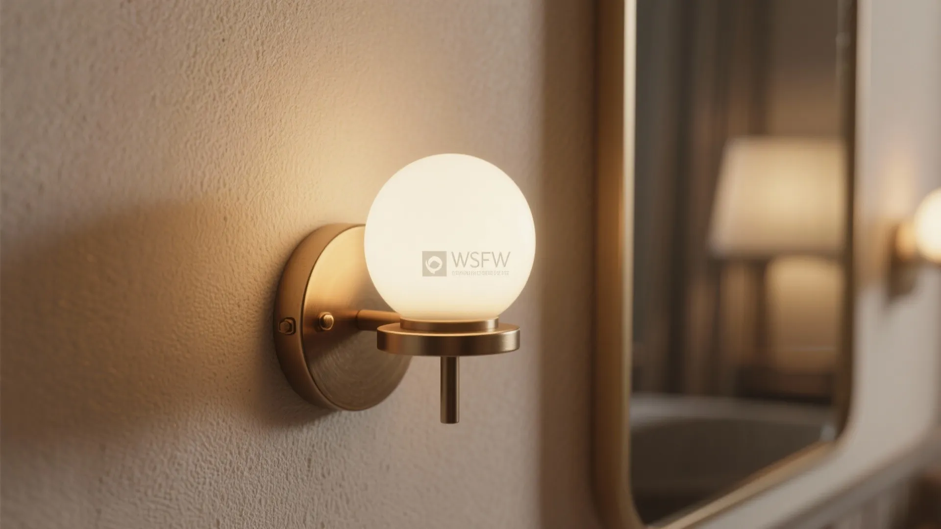 Close up of a round glowing wall light fixed to a textured wall near mirror