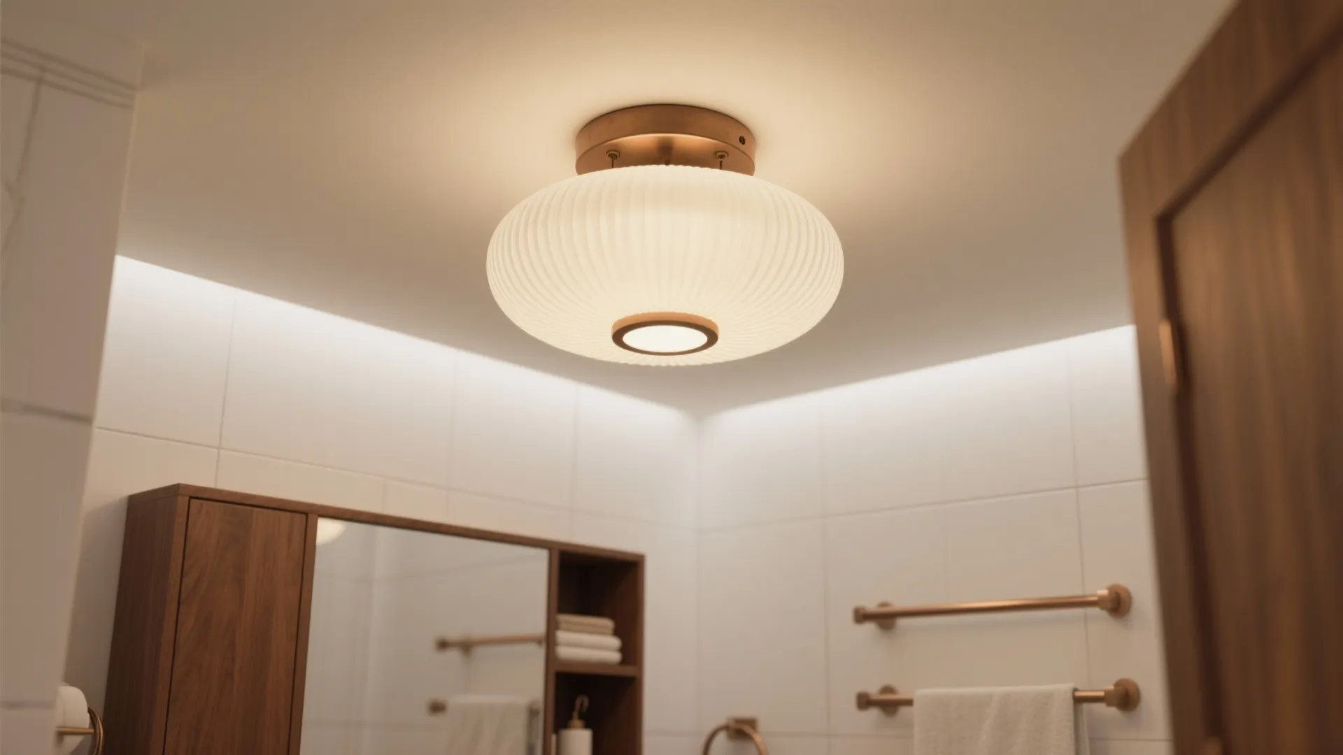 Warm white ceiling light fixture in bathroom with wooden cabinet mirror and white wall tiles