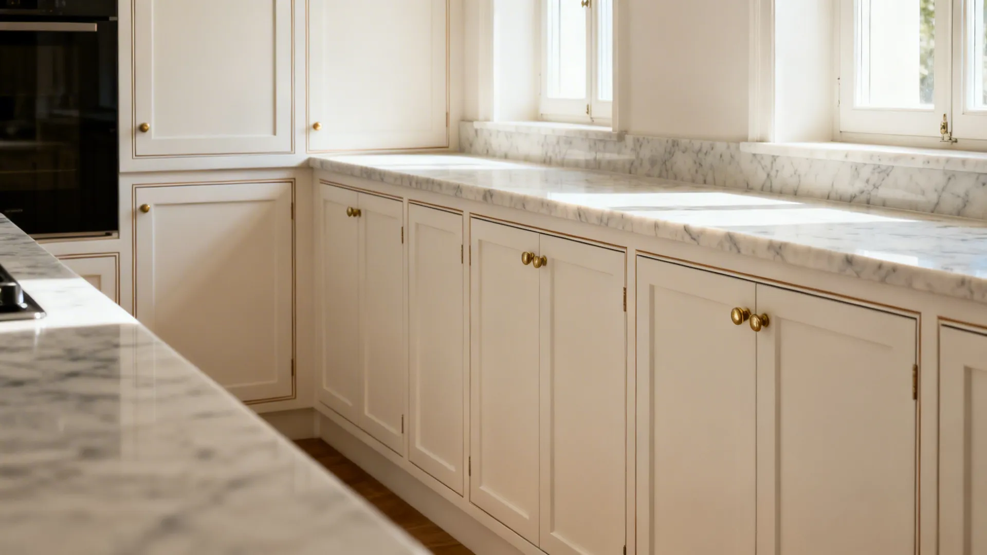 Slim-rail warm white Shaker cabinets with honed Carrara marble in a compact kitchen.