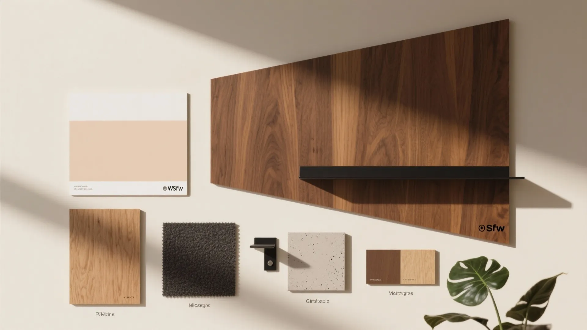 Asymmetrical shelving with warm wood accents