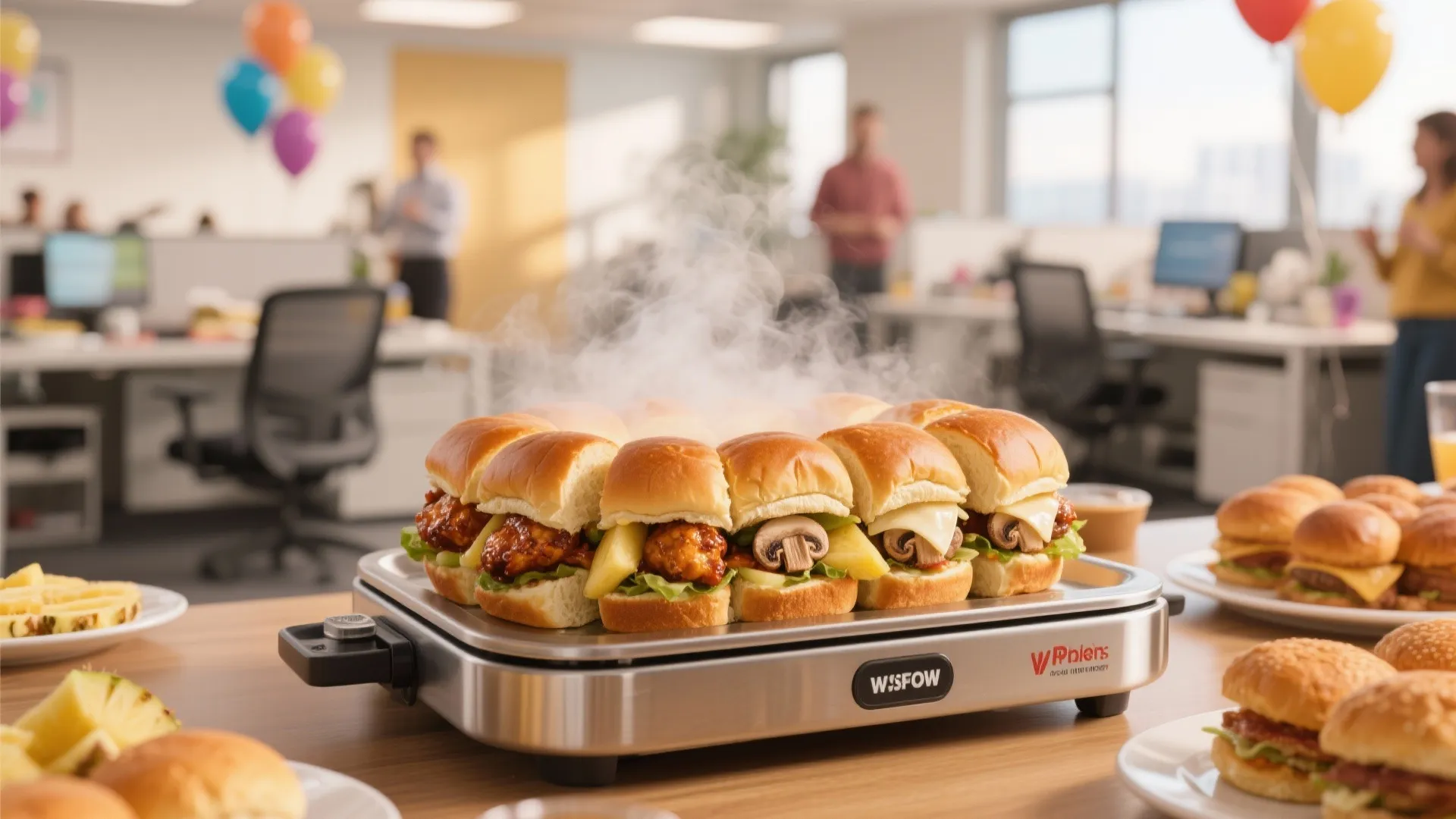 Hot steaming mini burgers arranged on a silver heating tray inside a modern office environment