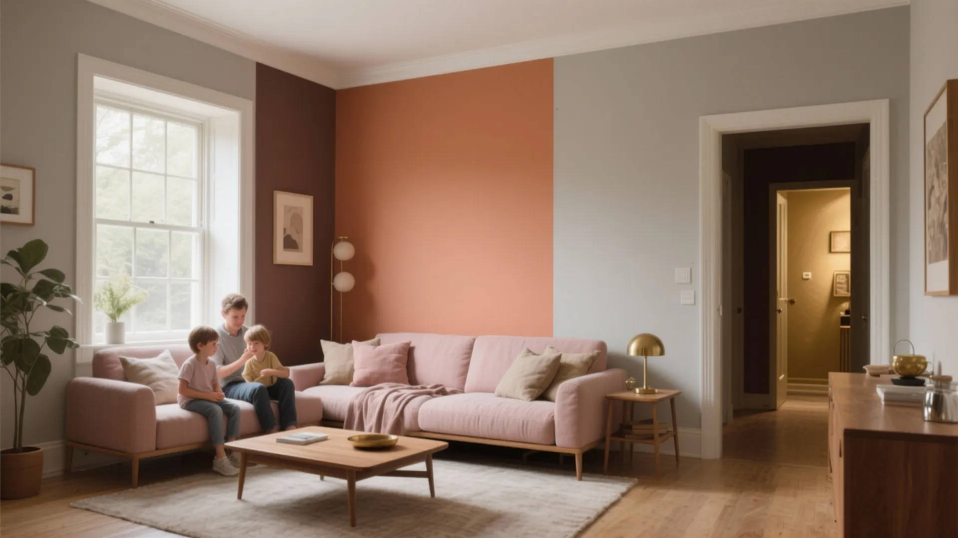 Family sitting on pink sofa in a living room with brown and orange wall paint