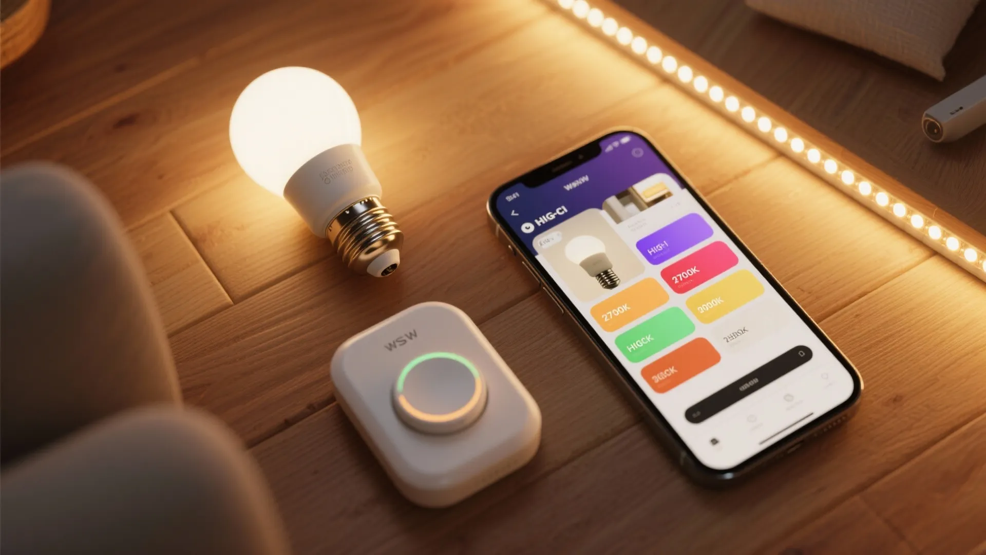 Smart light bulb and control dial with a phone app showing warm led lighting options