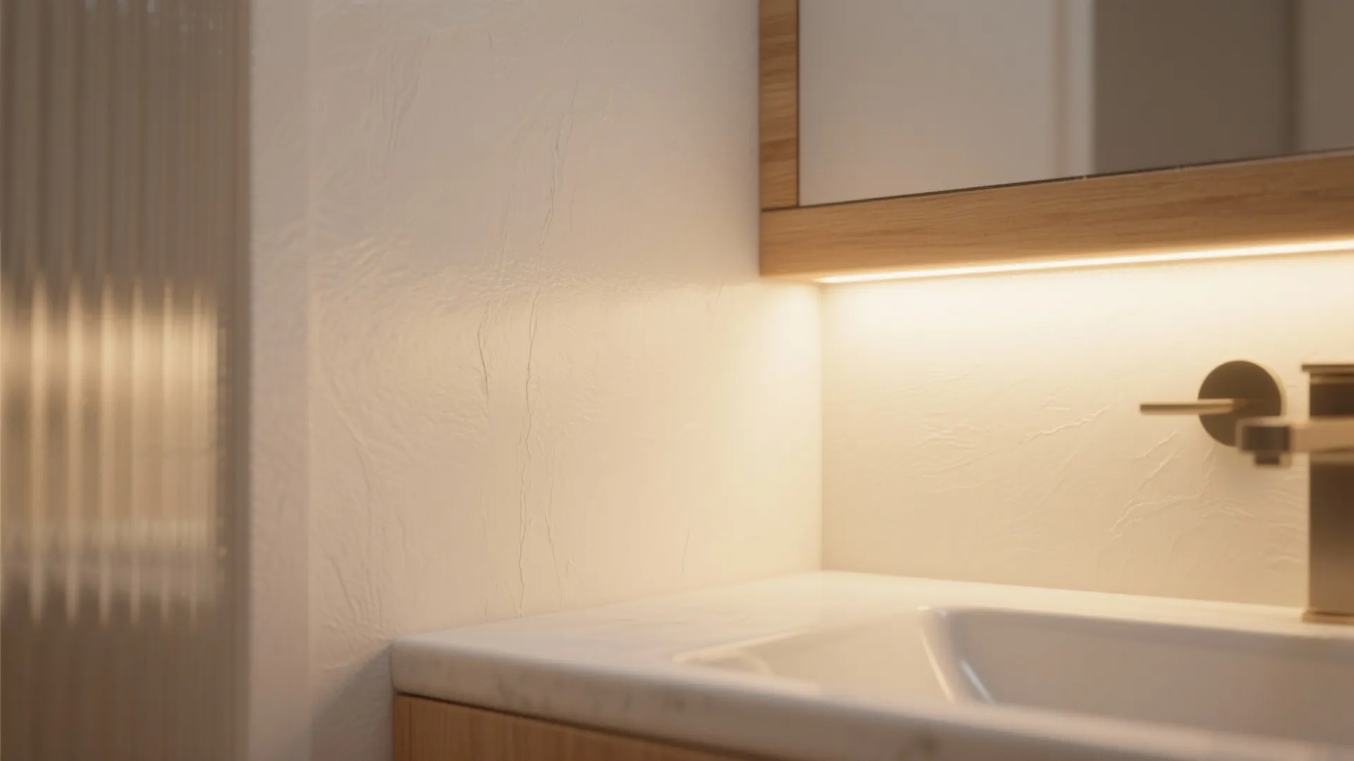 Close up of warm light shining on textured white wall near sink and wooden mirror frame