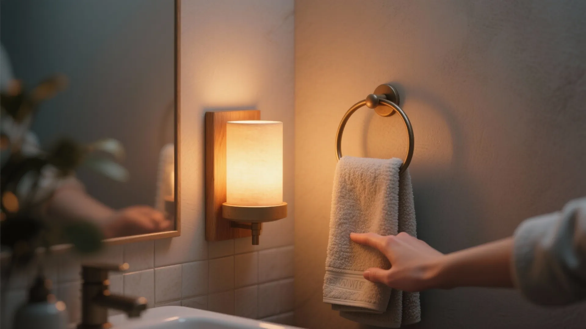Hand touching a hanging towel next to a warm wall light in a cozy bathroom