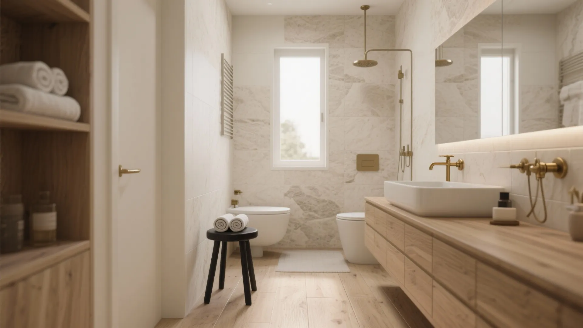 Warm stone-look or wood-look porcelains for cozy, spa-like tone