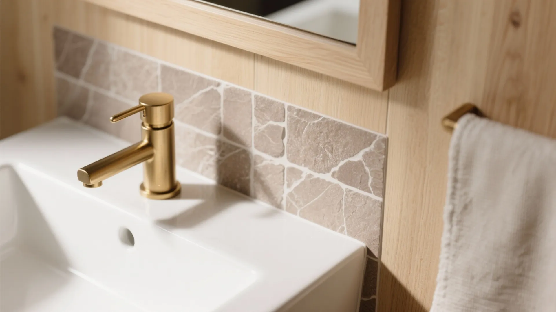 White bathroom sink with gold faucet, stone wall tiles, wood paneling, and white hanging towel