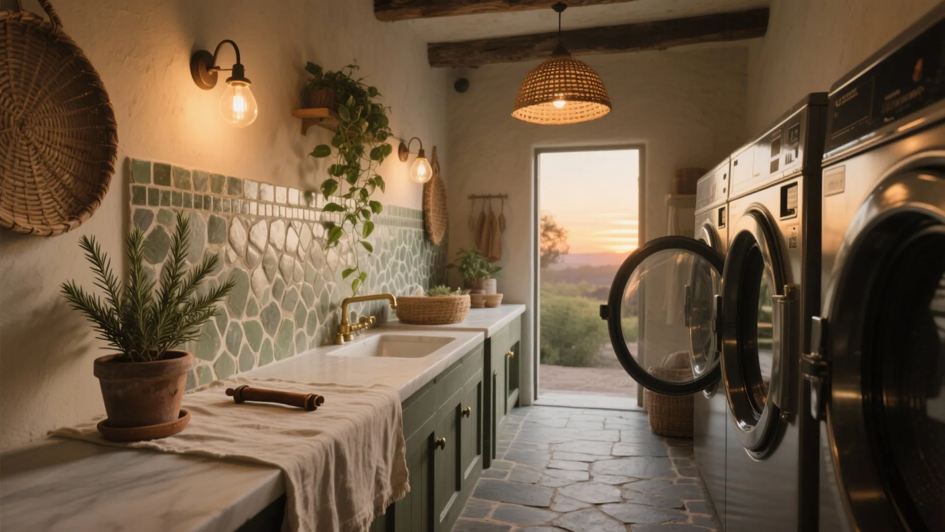 5) Warm Lighting, Stone Texture, and a Touch of Green