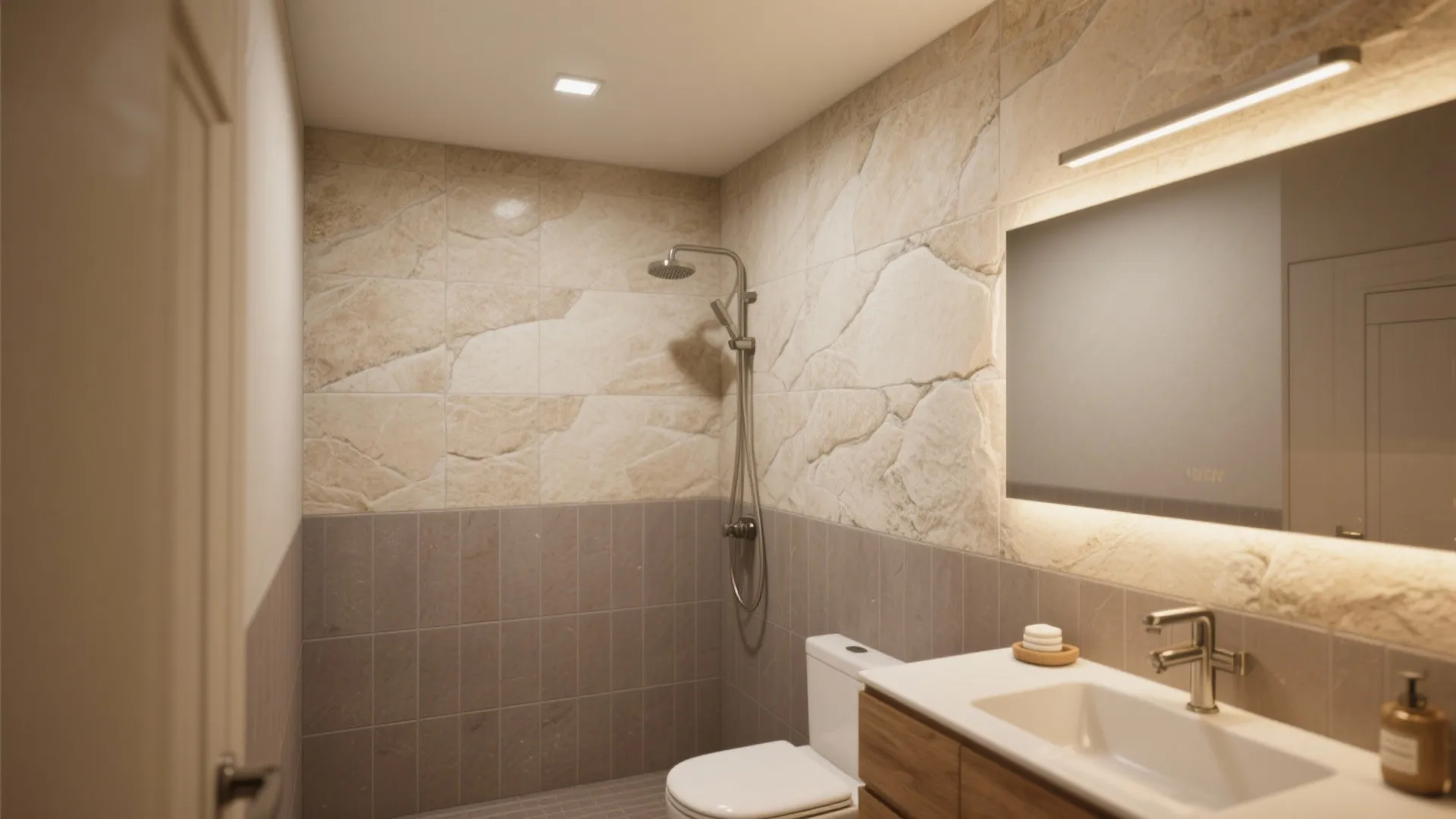 4) Warm stone-look porcelain with color-matched grout