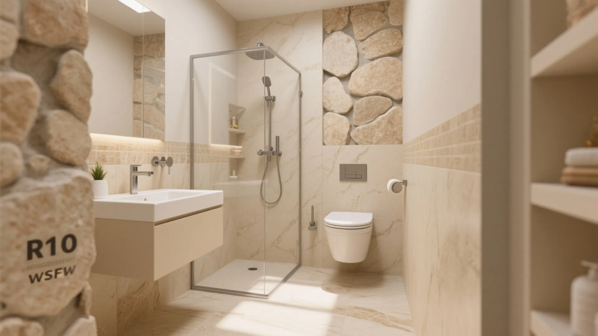 Modern bathroom design with stone wall panels white sink cabinet glass shower door and lighting