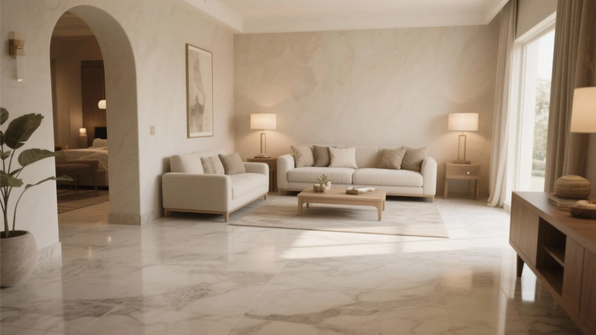 Spacious living area featuring marble flooring white sofas wooden cabinet arched doorway and warm table lamps